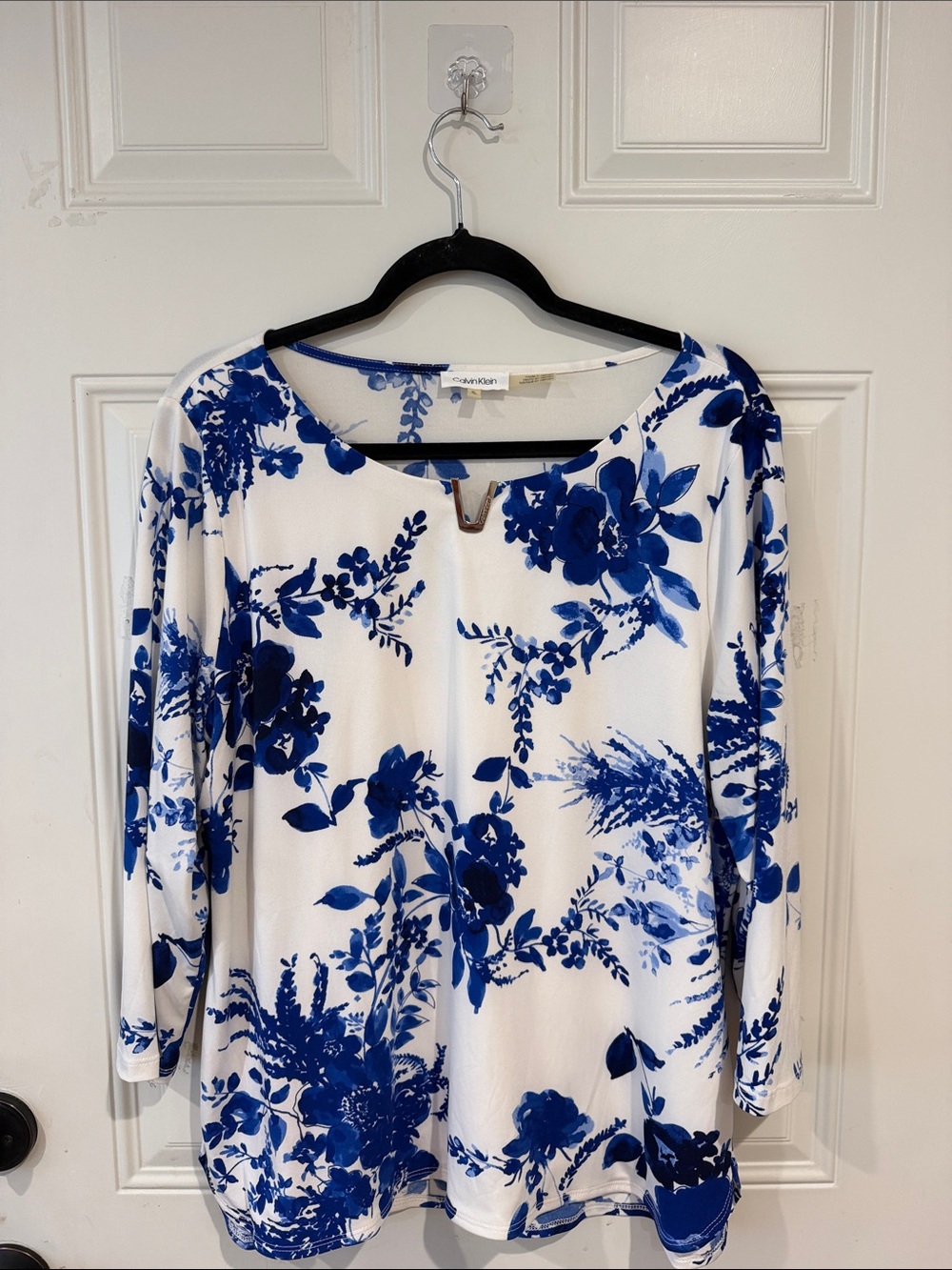 Calvin Klein White and Blue Floral Scoop Neck Long Sleeve Top